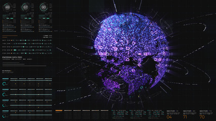 Fototapete - Futuristic hi-tech graphic user interface head up display with digital code and data info graphic telemetry information display for desktop screen background