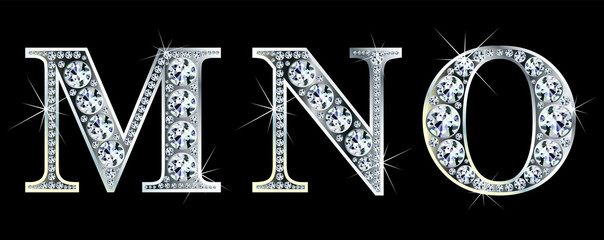 Diamond alphabet letters. Stunning beautiful MNO jewelry set in gems and silver. Vector eps10 illustration.