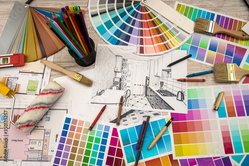 Cuadros en Lienzo architect work - drawing sketch plans blueprints with color palette for help