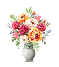 Watercolor Bouquet. Flowers, Leaves, Vase. Isolated