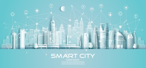 Technology wireless network communication smart city and icon with architecture.