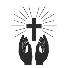 Wall Mural - Hands with shining holy cross. Design element for logo, label, emblem, sign, badge. Vector illustration