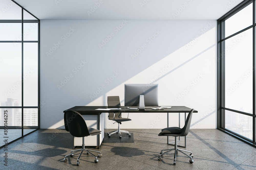 Contemporary office interior with computer and city view. - obrazy, fototapety, plakaty 