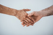 © LIGHTFIELD STUDIOS - Cropped view of men shaking hands isolated on grey