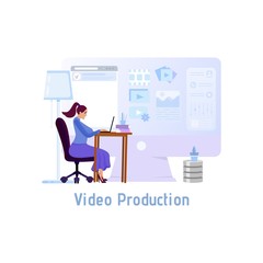 Wall Mural - Video Production or Video Editing concept vector illustration. metaphor in illustration, a huge monitor and next to a tiny woman working on a laptop.