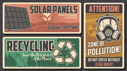 Sticker - Environment retro posters, vector solar panels, attention warning with gas mask and radiation symbol. Recycling and deforestation, ecology and environmental save planet resources vintage cards set