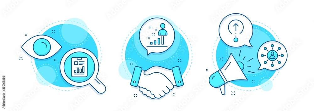 Stats, Networking and Report document line icons set. Handshake deal, research and promotion complex icons. Swipe up sign. Business analysis, Business communication, Page with charts. Vector - obrazy, fototapety, plakaty 