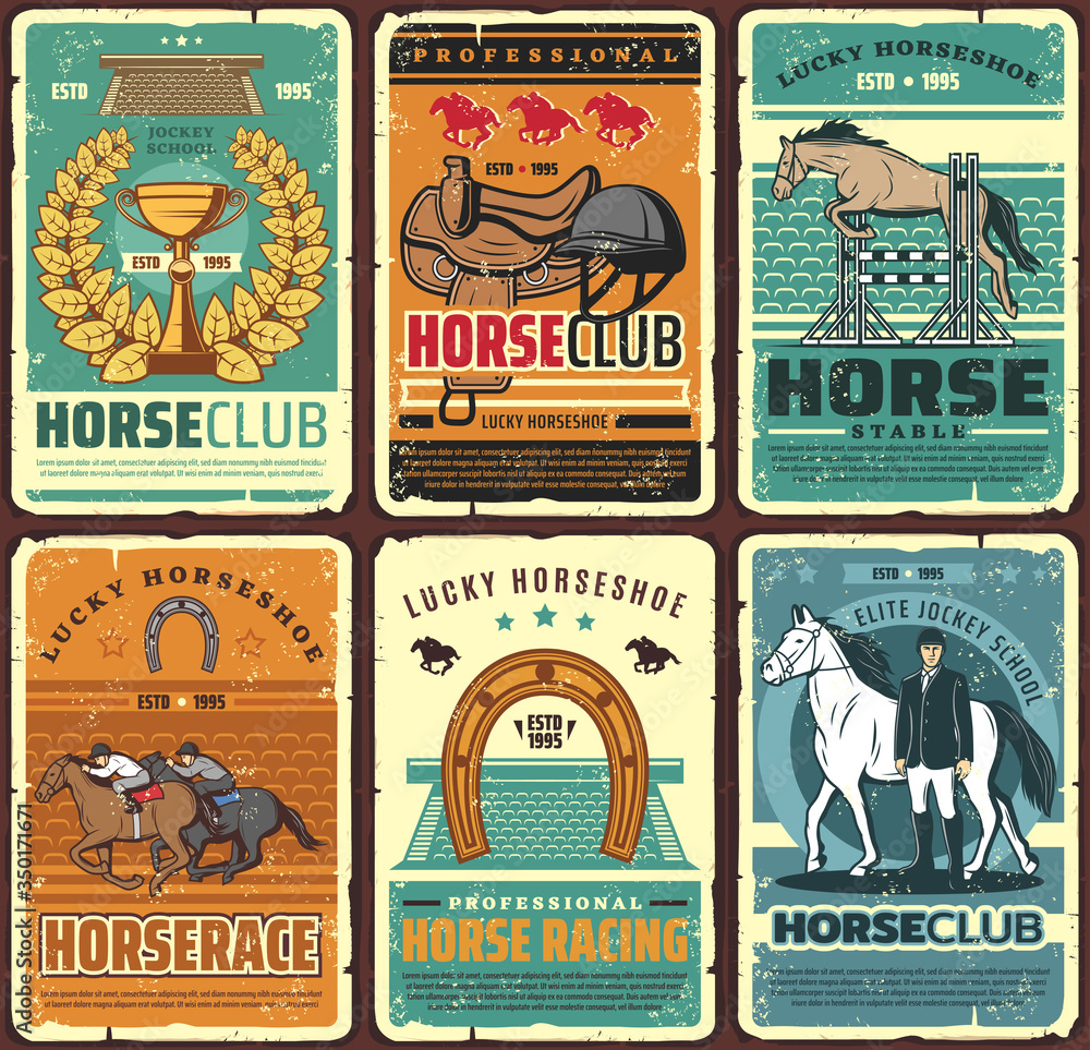 Horse riding and equestrian sport hippodrome vintage posters. Vector equestrian ride elite jockey school. Horseback riding sport retro cards with lucky horseshoe, golden cup, saddle - obrazy, fototapety, plakaty 