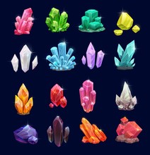Crystal Gems, Vector Gemstones And Jewel Icons. Isolated Cartoon Minerals, Crystals And Gemstones. Natural Opal, Emerald And Diamond, Ruby And Topaz, Quartz Glass, Jewelry And Geology Crystals