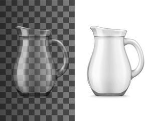 Realistic glass jug for drinks, isolated 3d vector mockup. Transparent pitcher for water or milk, clean empty bowl with handle side view. Kitchenware object, glass jug utensil for cold beverages