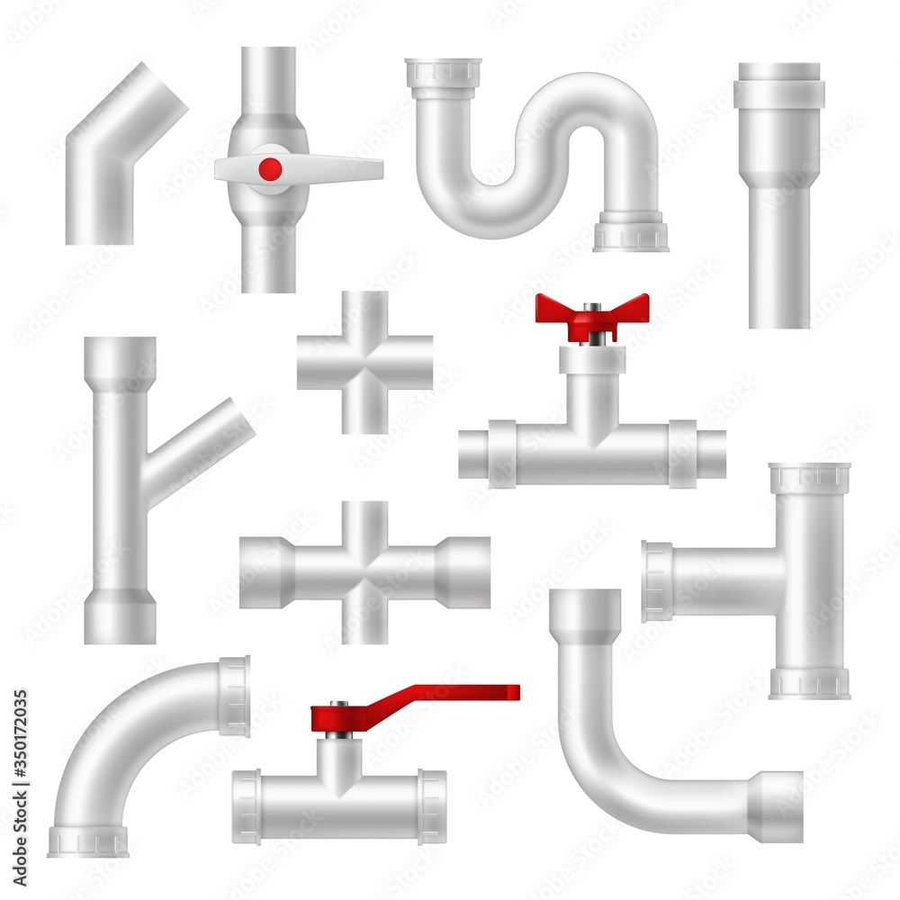 Pipes and tubes plumbing fittings realistic 3d vector set. Metal or plastic isolated pipeline with red valves and faucets. Stainless steel metallic pipes, transition fittings, pipeline connections - obrazy, fototapety, plakaty 