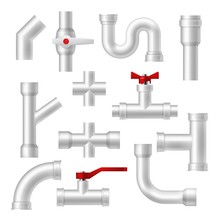 Pipes And Tubes Plumbing Fittings Realistic 3d Vector Set. Metal Or Plastic Isolated Pipeline With Red Valves And Faucets. Stainless Steel Metallic Pipes, Transition Fittings, Pipeline Connections
