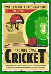 Wall Mural - Cricket field and sports game equipment on stadium. Vector cricket ball, bat and player uniform helmet with green ground and tribunes with seats. Sport club and championship match retro grunge poster