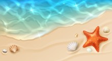 Sea Coast With Sand, Ocean Wave, Shells And Star Fish Top View. Cartoon Vector Beach With Sandy Seaside, Blue Transparent Water Surface, Pebbles And Conch. Paradise Island, Exotic Tropical Plage