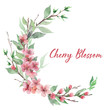 Hand drawn watercolor cherry blossom wreath with flowers, leaves and branches
