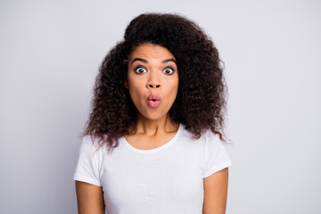 Sticker - Close-up portrait of her she nice attractive lovely pretty amazed cheerful wavy-haired girl cool news isolated over light white pastel color background