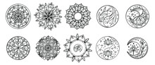 Set Of Hand Drawing Zentangle Mandalas.Hand Drawn Mandala With Moon, Yin Yang, Om Symbol In Vector.  Perfect Set For Surface Of Design, Textiles, Posters, Tattoos In Indian Yoga Style
