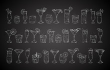 Cocktail Drinks Set In Different Glass In Hand Drawn Sketch Style. Alcoholic Drinks In Glasses In Vintage Drawing Vector Illustration On Chalkboard Background