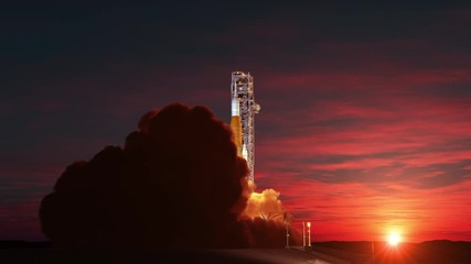 Wall Mural - 4k. space launch system takes off on background of rising sun. 3d animation. ultra high definition. 