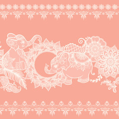 Wall Mural - Elephant in eastern ethnic style, traditional indian henna ornament. Seamless pattern, background in soft rose colors. Vector illustration..