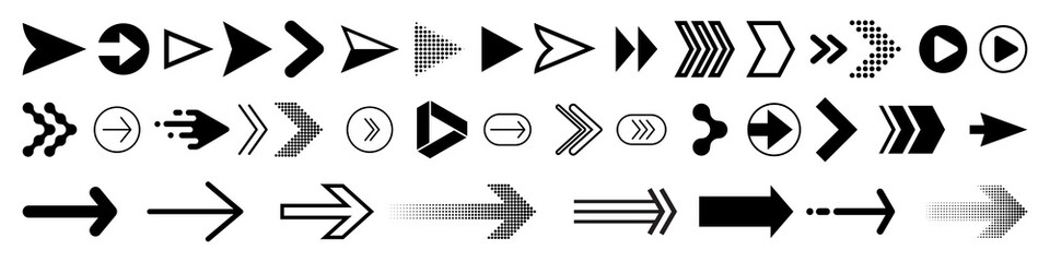 Arrows icons set, modern simple flat black vector pointer signs. Arrow icon set for forward click buttons, web design arrow navigation and apps elements