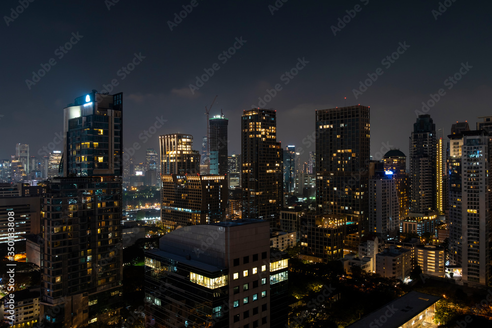 Panoramic view of Bangkok skyline at night time. Illuminated city ...