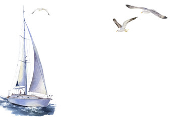 A template of the invitation or card with a sailing yacht and flying seagulls hand drawn in watercolor isolated on a white background. 