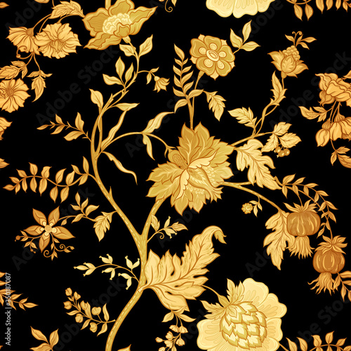 Dekoracja na wymiar  wzor-z-stylizowanych-kwiatow-ozdobnych-w-stylu-retro-vintage-haft-jakobinski-ilustracji-wektorowych-w-zlocie-i-czerni