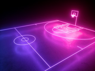 Wall Mural - 3d render, neon basketball field scheme angle side view, virtual sport playground, sportive game, pink violet blue glowing line. Isolated on black background.