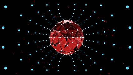 Wall Mural - a red low poly figure covered beaming white net of dotted rays over black background.