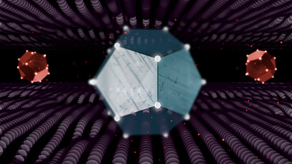 Wall Mural - three 3d render low poly figures covered with a white net of dots float over defocused tunnel backgr