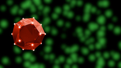 Wall Mural - a 3d render red low poly figure covered with a white net of dots floats over defocused green backgro