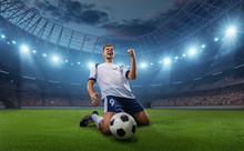 Soccer Player Celebrates A Victory On The Professional Stadium . Stadium And Crowd Are Made In 3D.