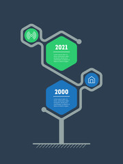Vertical infographics or timeline with 2 options. Development of the business or technology. Time line is made of hexagons. Presentation concept with two steps. Vector.