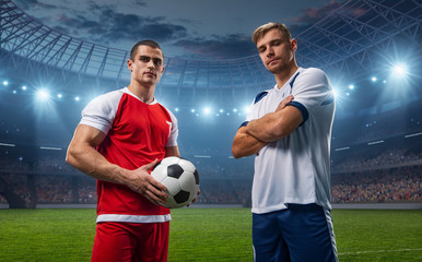 Two football players of different teams. They wear sportswear without a brand. Stadium and crowd made in 3D.