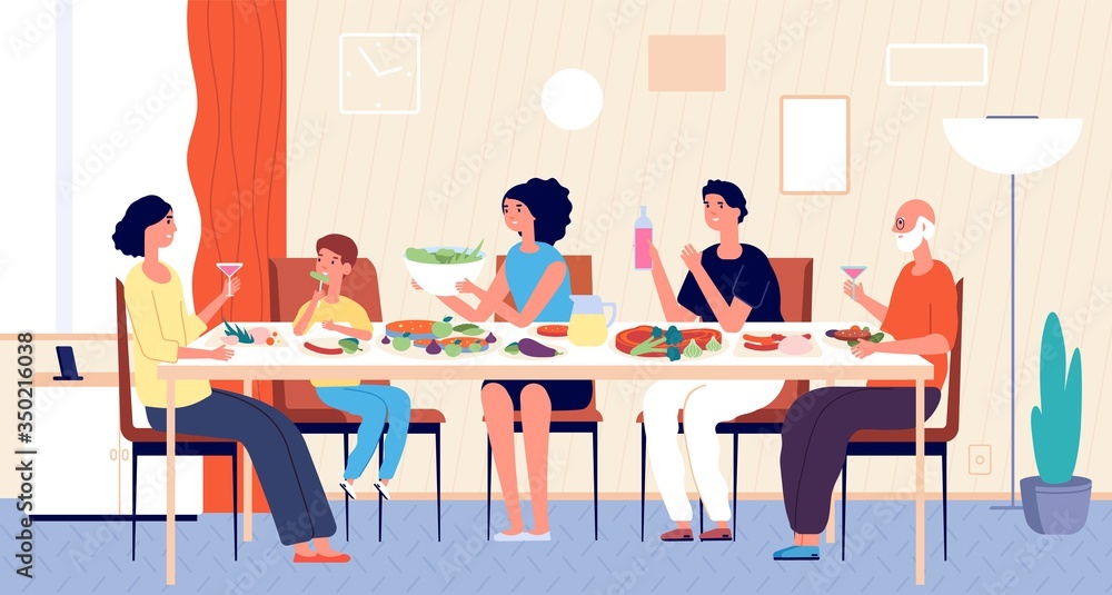 Family dinner. People eating, house holiday meals. Dining or living room, man woman kids sitting at table. Lunch at home vector illustration. House family dining, home dinner meal - obrazy, fototapety, plakaty 