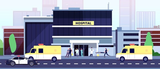 Sticker - Doctors at work. Hospital building, paramedics and emergency cars. Nurses help ill people. Ambulance police auto, medical vector illustration. Building hospital emergency help, doctor and ambulance