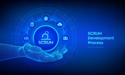 SCRUM icon in robotic hand. Agile development methodology process. Iterative sprint methodology. Programming and application design technology concept. Vector illustration.
