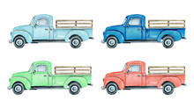 Watercolor Pickup Truck Illustration Isolated On White Background. Light Blue, Blue, Red And Green Farm Truck Pickup Truck Set.