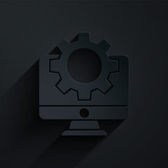 Paper cut Computer monitor and gear icon isolated on black background. Adjusting, service, setting, maintenance, repair, fixing. Paper art style. Vector Illustration