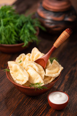 Wall Mural - Homemade dumplings with sour cream and cottage cheese, green dill