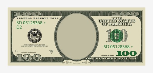 One hundred dollars bill template. American banknote with empty portrait center paper money economic investment vector template for inserting your face drawing.