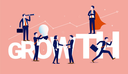 Aufkleber - Business growth - A team of business people working on and around the word growth. Man with light bulb, handshake, superhero and man looking in to binoculars. Motivation and success concept. Vector.
