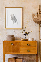Wall Mural - stylish living room interior with vintage commode, gold mock up photo frame, wooden ladder, bag, dec