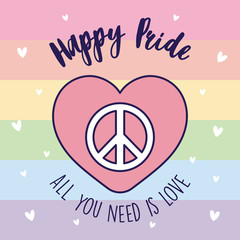 Poster - Happy pride love peace and heart in front of lgtbi flag vector design