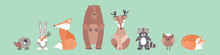 Cute Animals In Simple Nordic Style. Woodland Characters With Kind Faces For Baby Shower Design. Flat Vector Illustration.