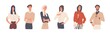 Set of man and woman with arrogant face expression vector flat illustration. Collection of colorful annoying selfish persons isolated on white background. Stylish self-confident people