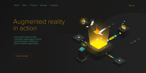 Virtual or augmented reality concept in isometric vector illustration. Woman with VR/AR glasses. Female with headset technology. Web banner layout template for website or social media.