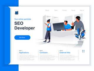 Seo developer isometric landing page. Marketing team working with computer in office situation. Track and analyze website analytics, planning SEO strategy and code optimization perspective flat design
