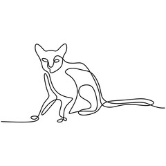 Wall Mural - One line cat design silhouette. Wild cat sitting with long tail in abstract hand drawn minimalism style. Pet cartoon concept. Animal continuous line. Black and white vector illustration